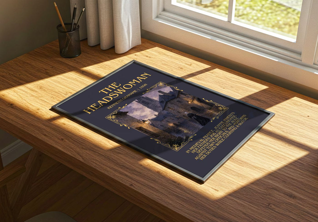 The Headswoman Minimalist Book Poster by Kenneth Grahame – print on a sunlit desk