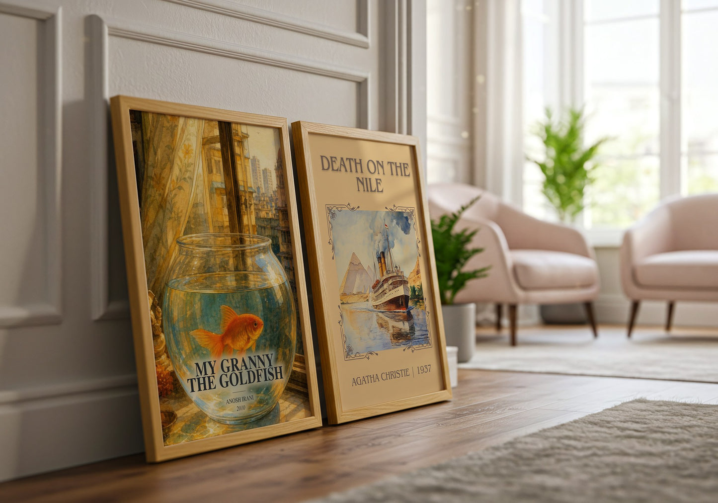 My Granny The Goldfish watercolour print framed by window – literary home decor