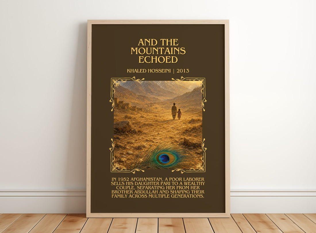 And The Mountains Echoed Minimalist Book Poster by Khaled Hosseini – framed print leaning on a wooden floor