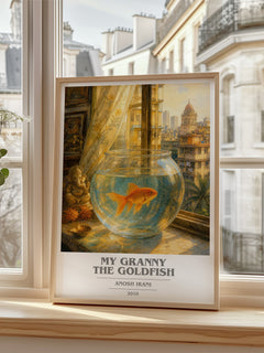 My Granny The Goldfish book cover print in frame leaning in hallway – contemporary fiction wall art