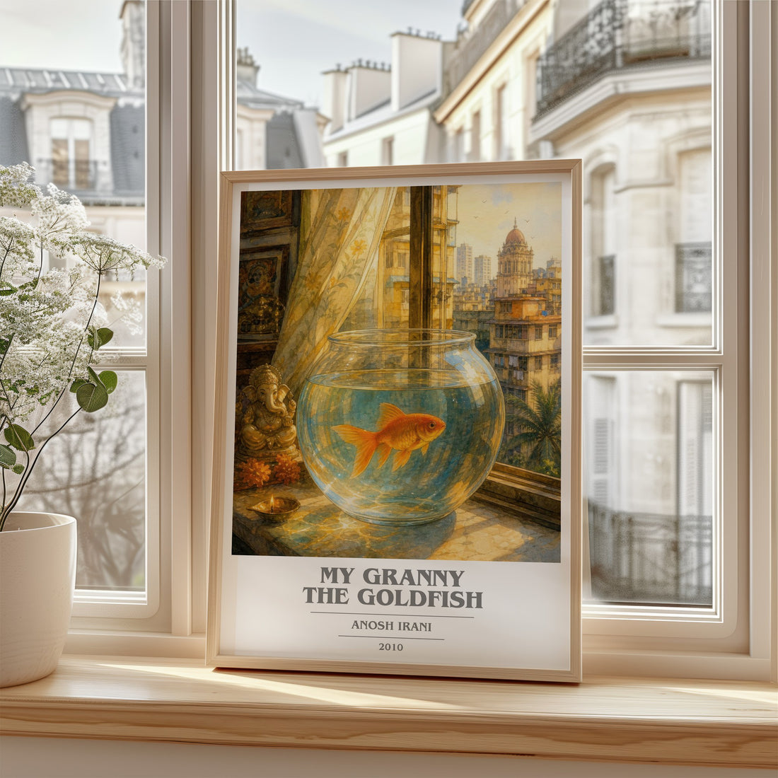 My Granny The Goldfish book cover print in frame leaning in hallway – contemporary fiction wall art