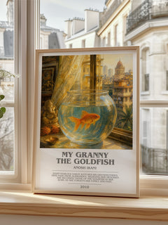 My Granny The Goldfish bookish print in frame leaning in hallway – contemporary fiction wall art
