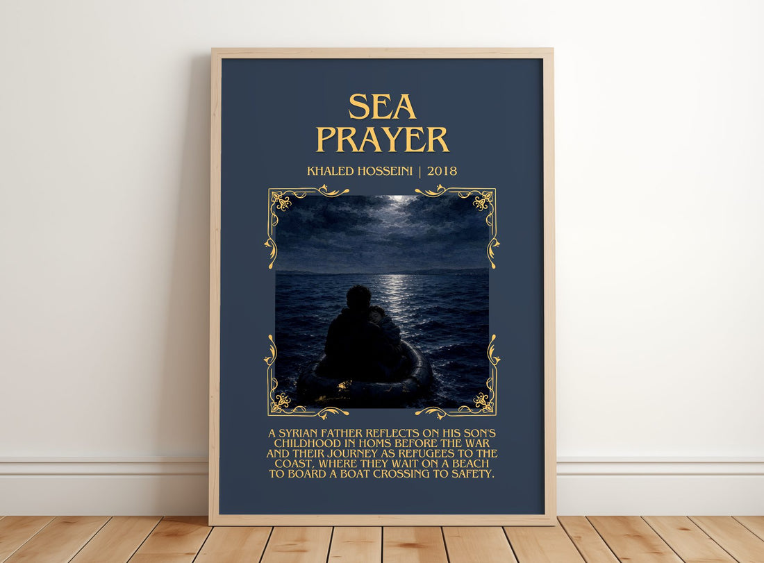 Sea Prayer Minimalist Book Poster by Khaled Hosseini – framed print leaning on a wooden floor