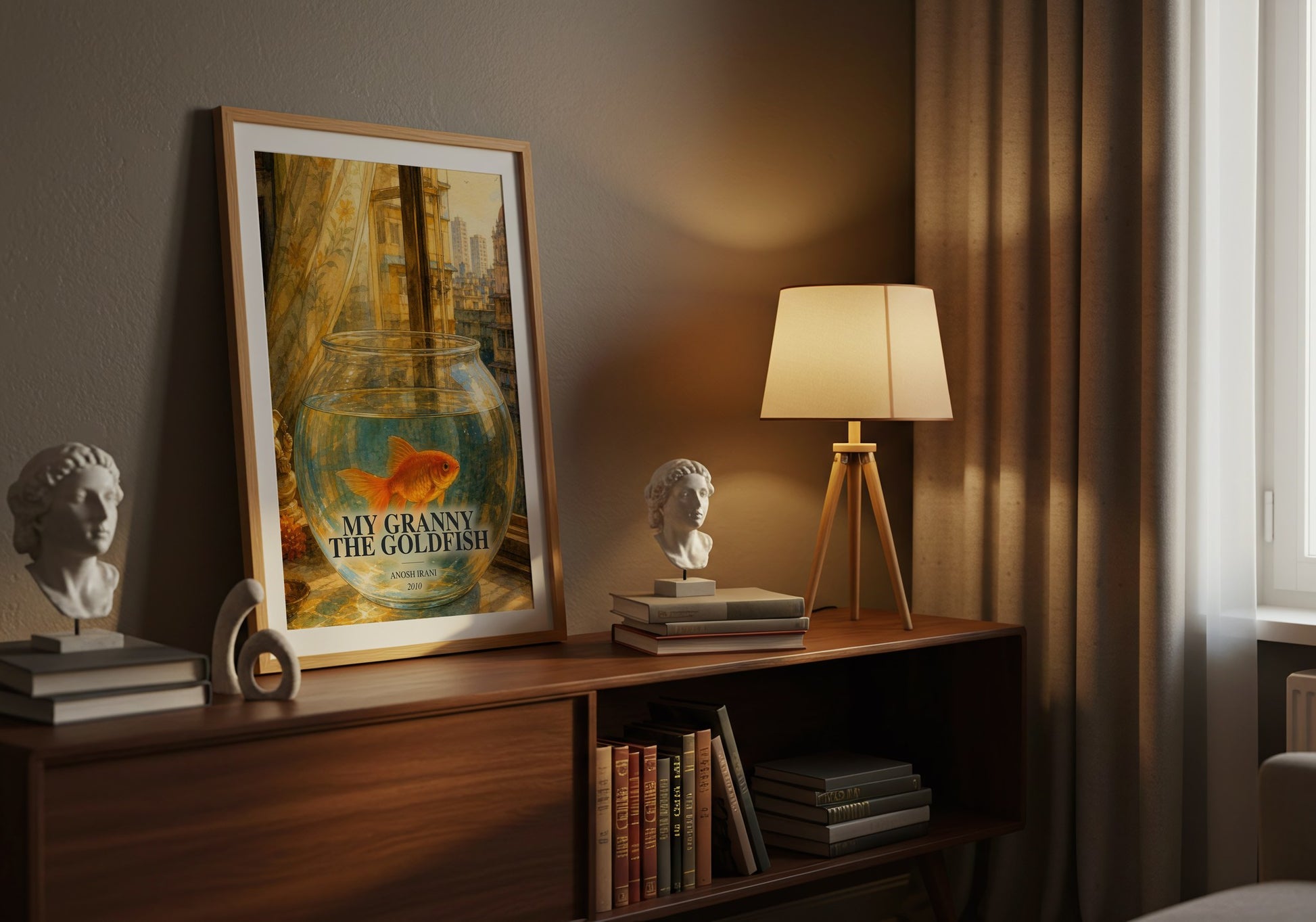 My Granny The Goldfish watercolour print on bookshelf – Anosh Irani fan gift
