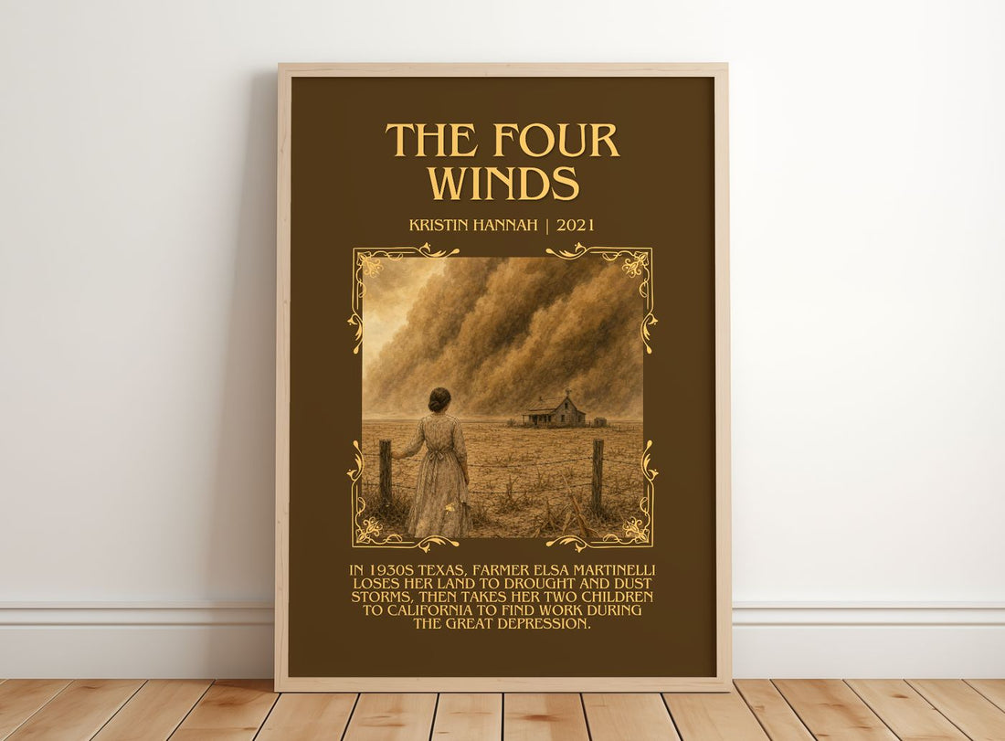 The Four Winds Minimalist Book Poster by Kristin Hannah – framed print leaning on a wooden floor