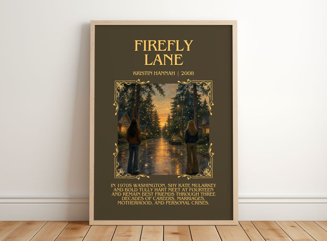 Firefly Lane Minimalist Book Poster by Kristin Hannah – framed print leaning on a wooden floor