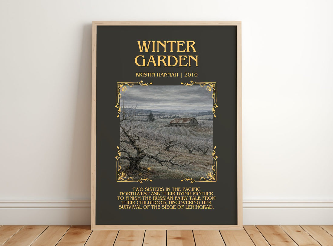 Winter Garden Minimalist Book Poster by Kristin Hannah – framed print leaning on a wooden floor