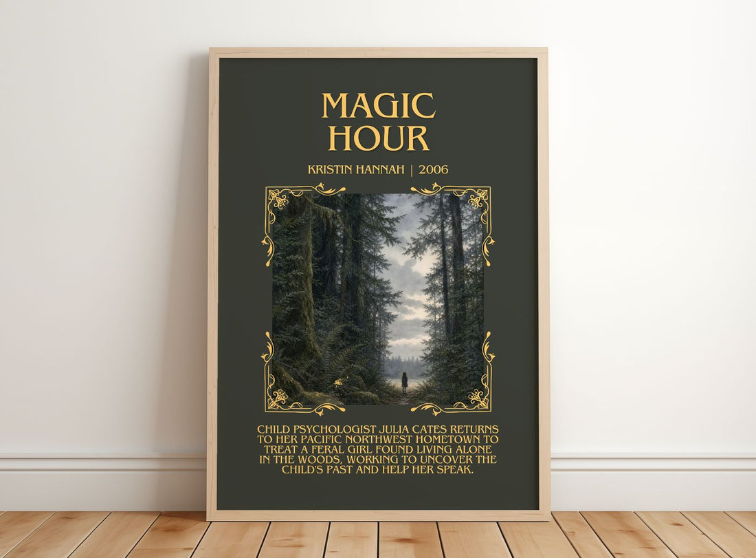 Magic Hour Minimalist Book Poster by Kristin Hannah – framed print leaning on a wooden floor