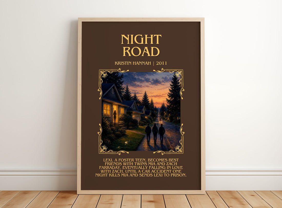 Night Road Minimalist Book Poster by Kristin Hannah – framed print leaning on a wooden floor