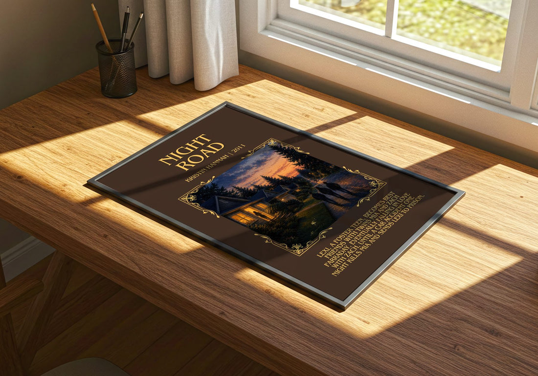 Night Road Minimalist Book Poster by Kristin Hannah – print on a sunlit desk