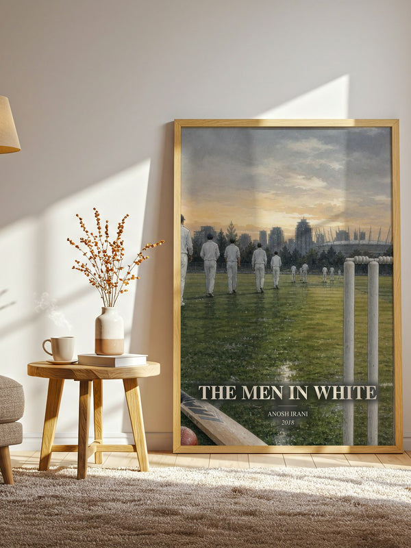 The Men In White watercolour print in frame leaning in hallway – literary fiction wall art