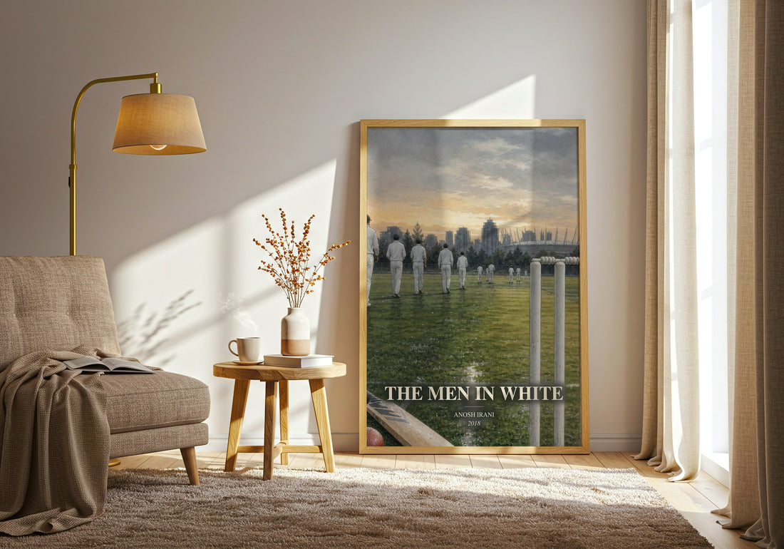 The Men In White watercolour print in frame leaning in hallway – literary fiction wall art (mockup)