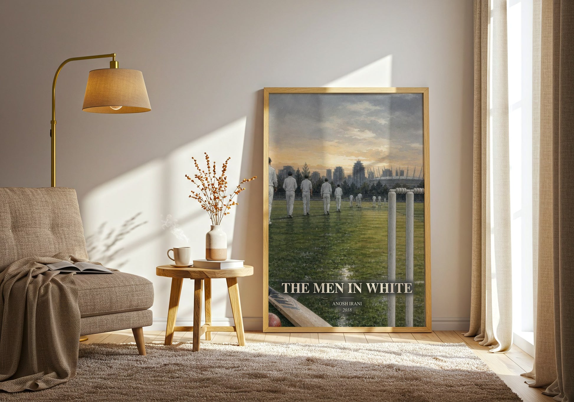 The Men In White watercolour print in frame leaning in hallway – literary fiction wall art