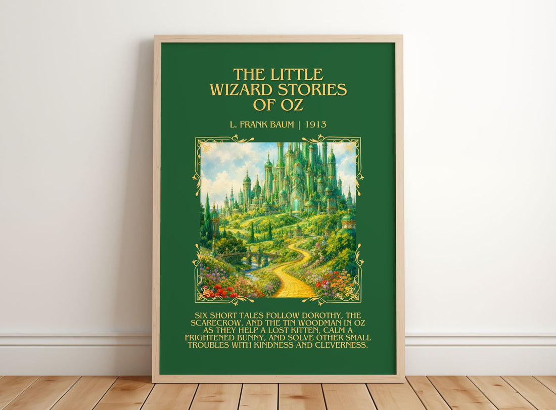 Little Wizard Stories Of Oz Minimalist Book Poster by L. Frank Baum – framed print leaning on a wooden floor