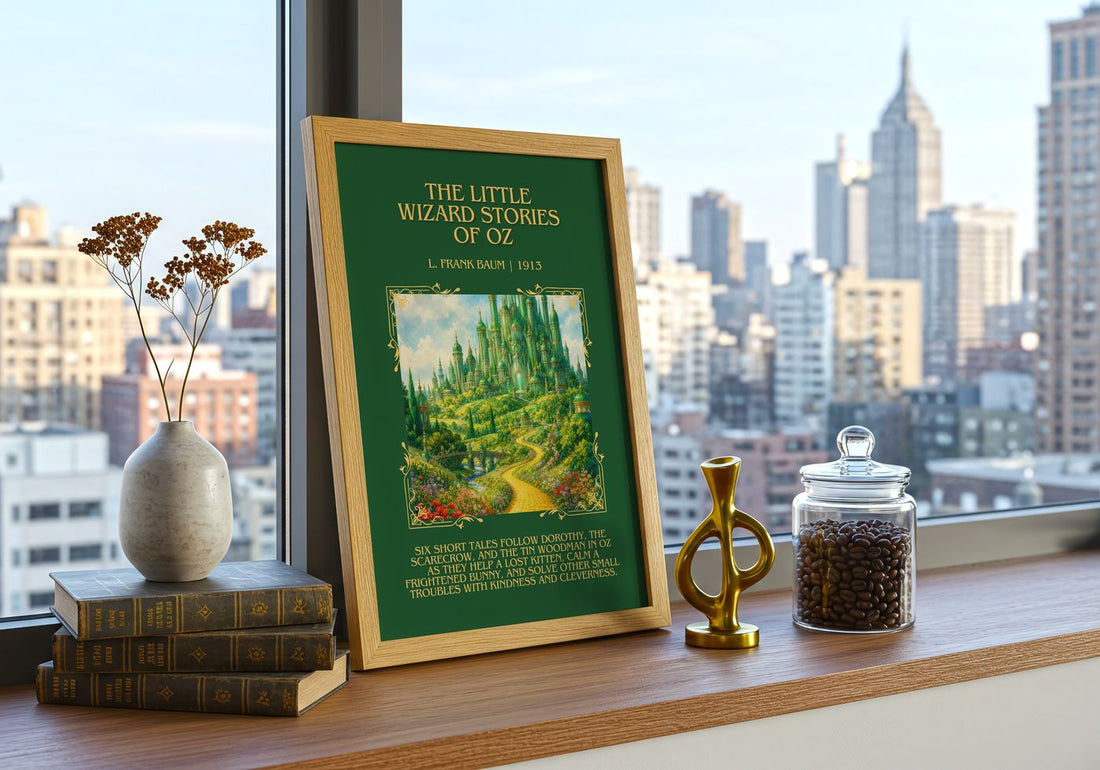 Little Wizard Stories Of Oz Minimalist Book Poster by L. Frank Baum – framed print on a city-view windowsill
