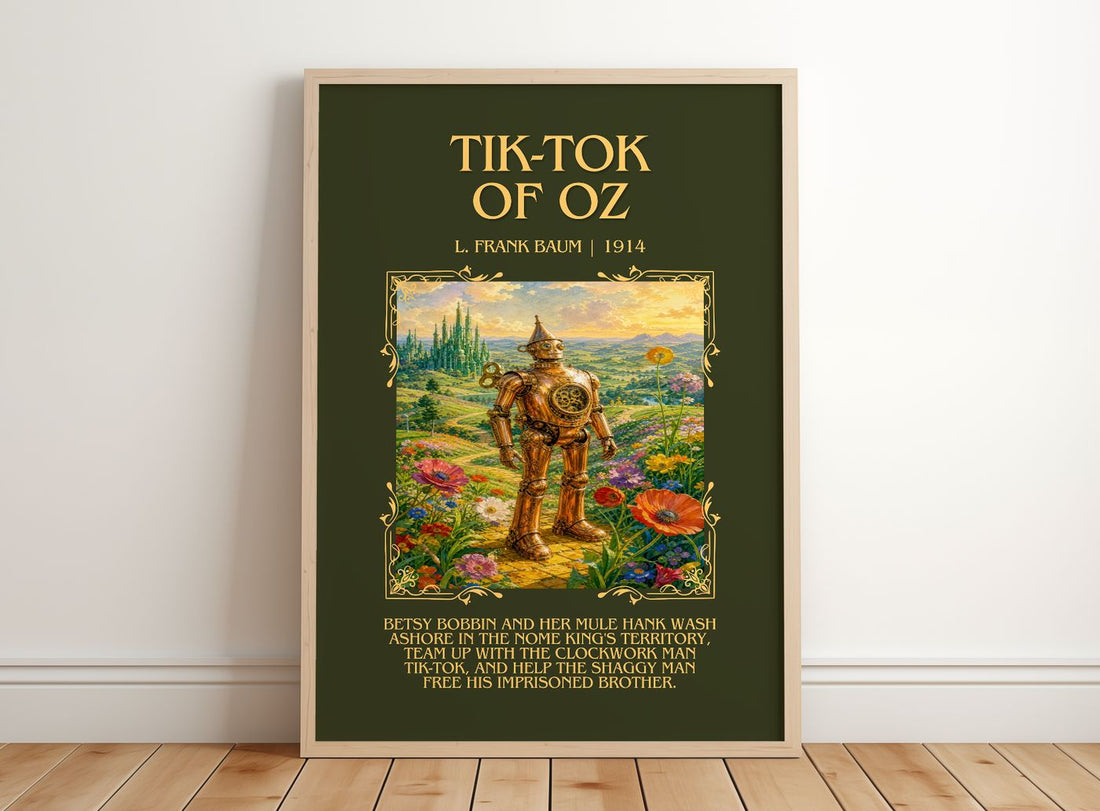 Tik-Tok Of Oz Minimalist Book Poster by L. Frank Baum – framed print leaning on a wooden floor