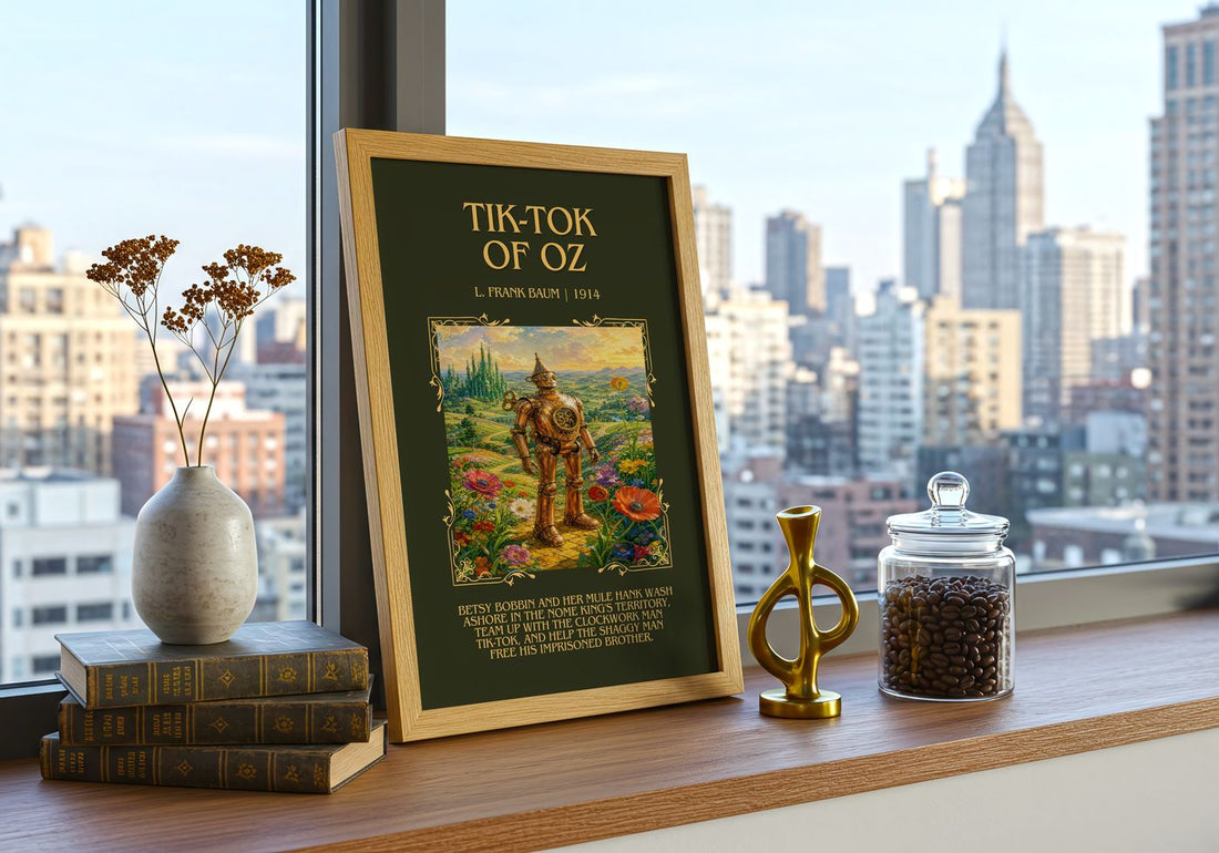 Tik-Tok Of Oz Minimalist Book Poster by L. Frank Baum – framed print on a city-view windowsill
