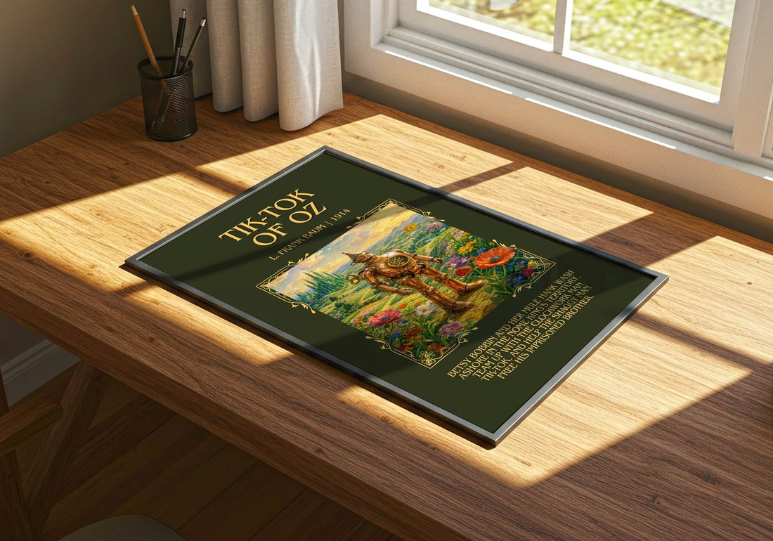 Tik-Tok Of Oz Minimalist Book Poster by L. Frank Baum – print on a sunlit desk