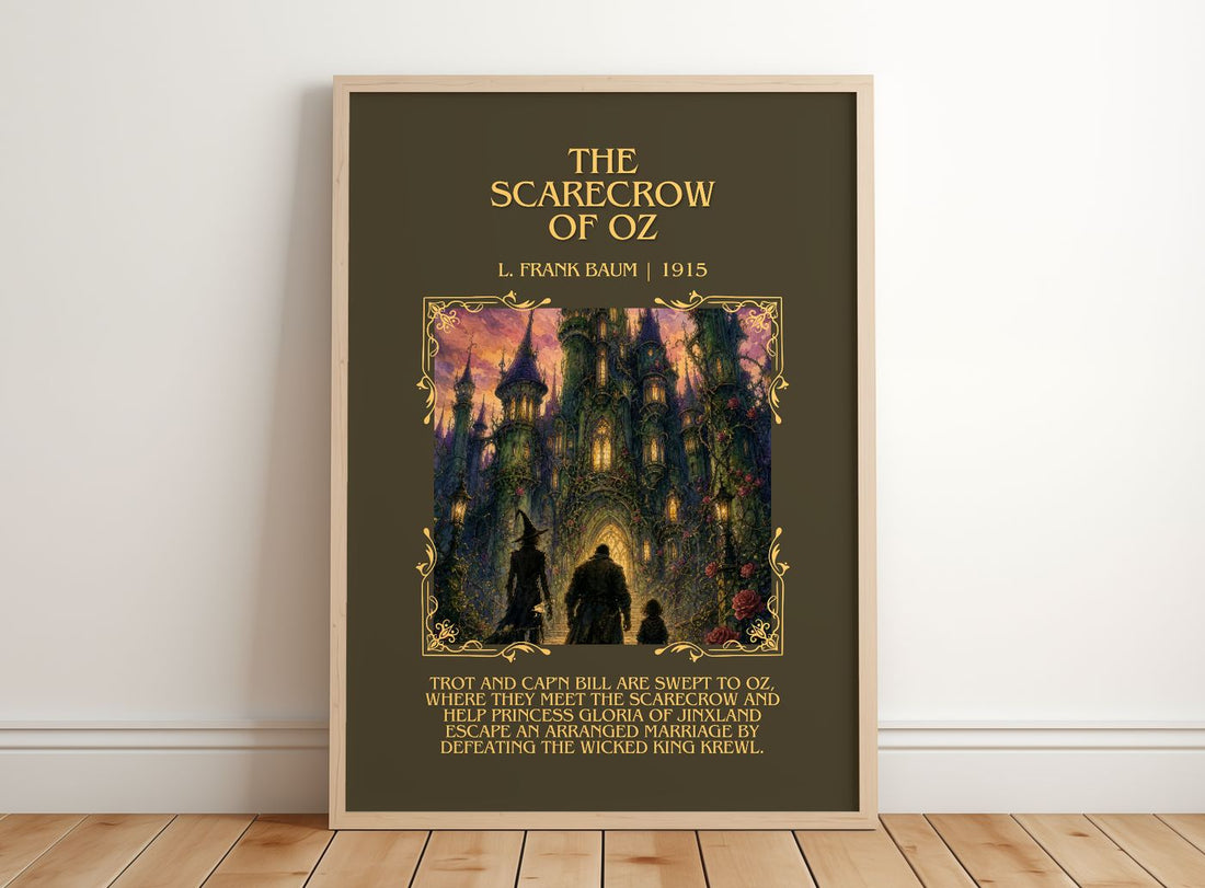 The Scarecrow Of Oz Minimalist Book Poster by L. Frank Baum – framed print leaning on a wooden floor