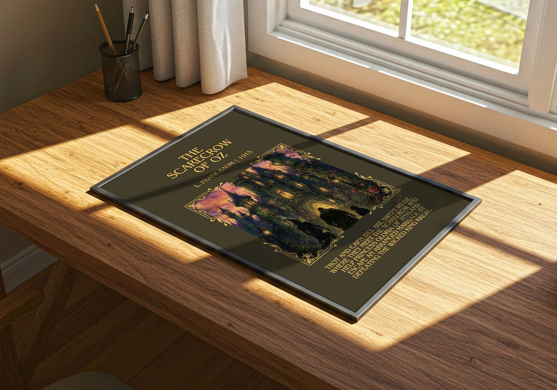 The Scarecrow Of Oz Minimalist Book Poster by L. Frank Baum – print on a sunlit desk