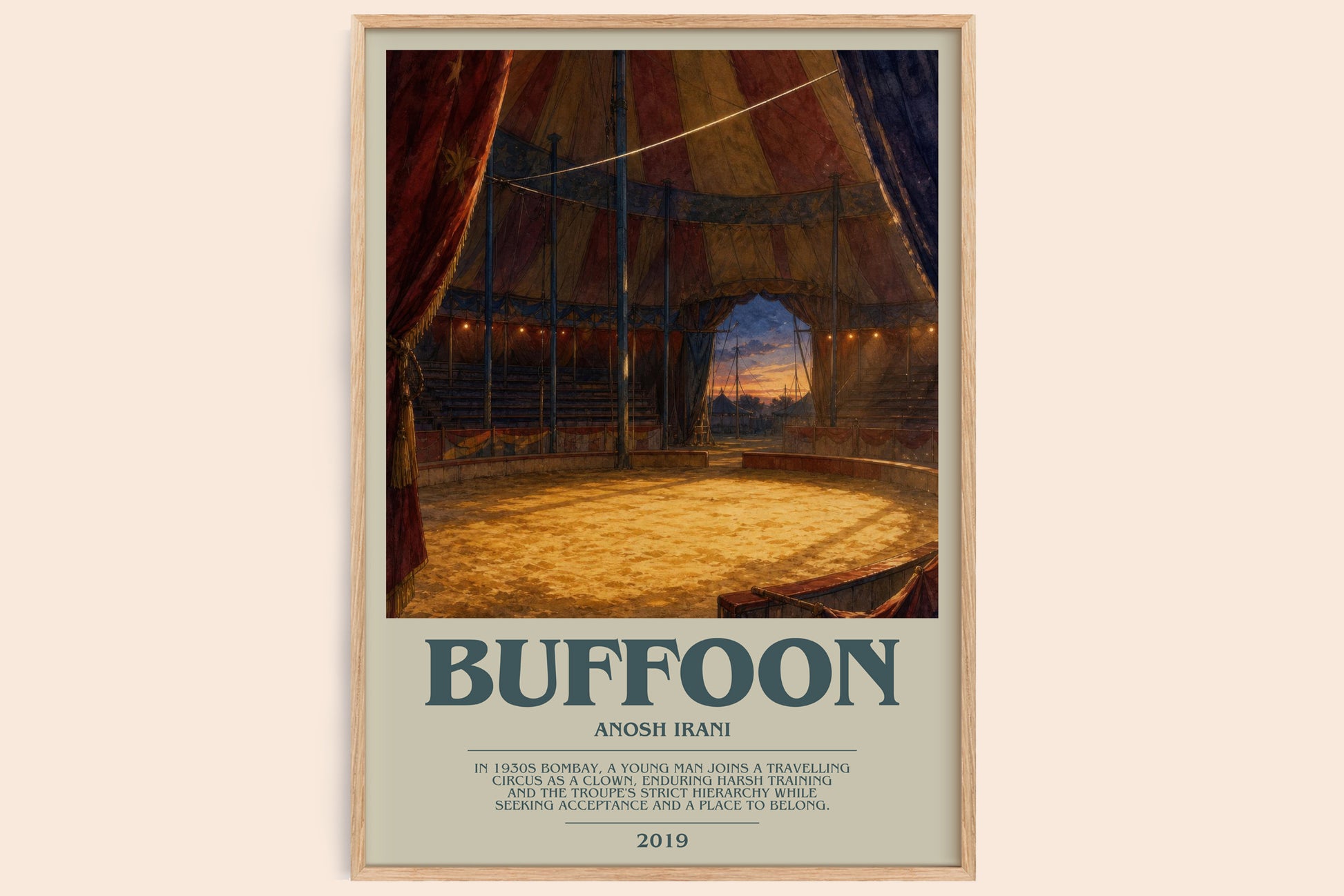 Buffoon bookish book poster by Anosh Irani – framed literary art print