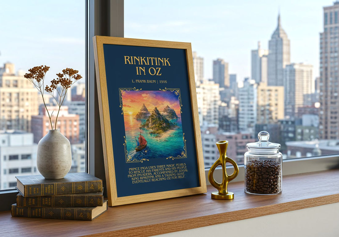 Rinkitink In Oz Minimalist Book Poster by L. Frank Baum – framed print on a city-view windowsill