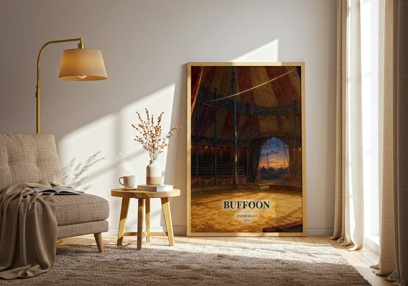 Buffoon watercolour print in frame leaning in hallway – literary fiction wall art