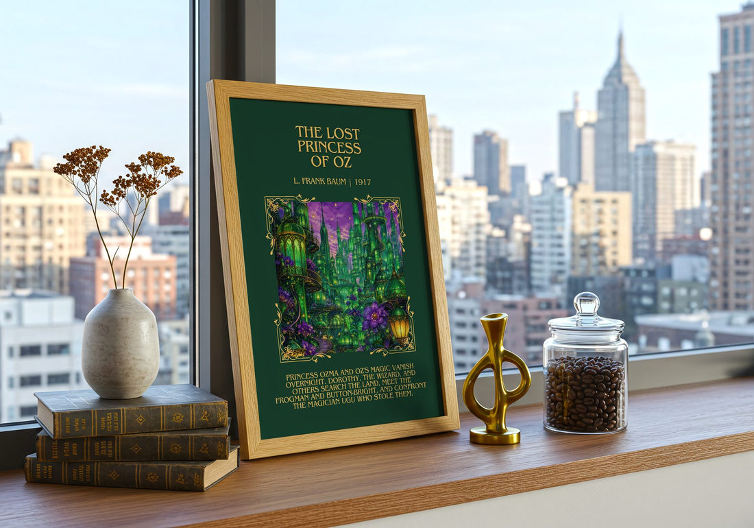 The Lost Princess Of Oz Minimalist Book Poster by L. Frank Baum – framed print on a city-view windowsill