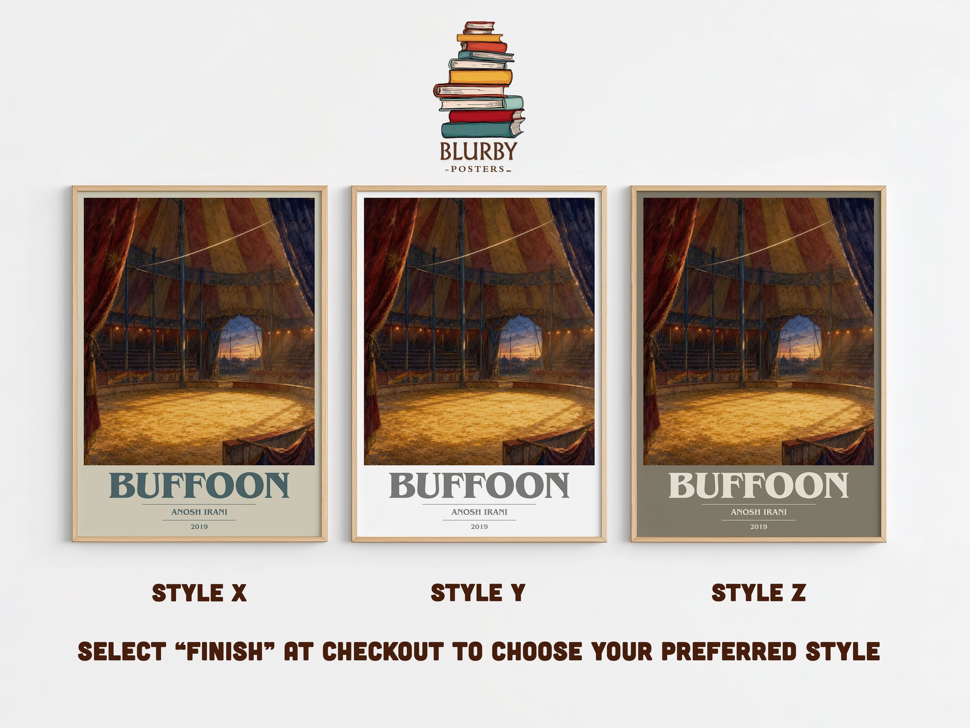 Buffoon book cover print in frame leaning in hallway – literary fiction wall art