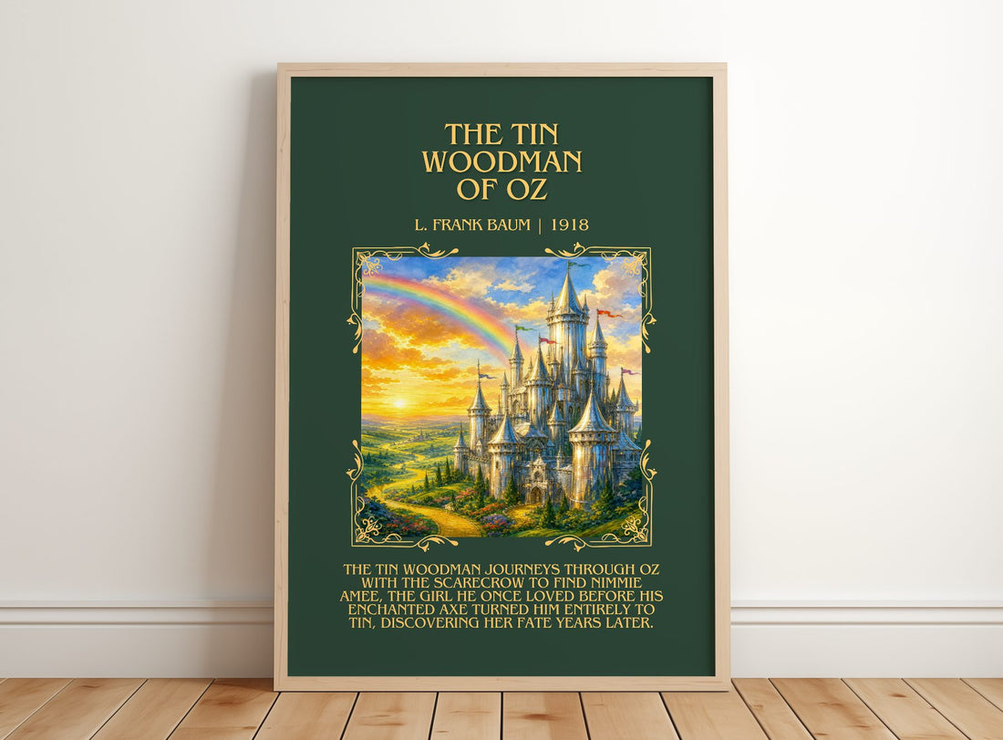 The Tin Woodman Of Oz Minimalist Book Poster by L. Frank Baum – framed print leaning on a wooden floor