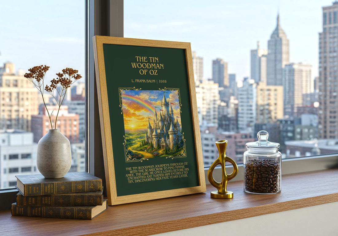 The Tin Woodman Of Oz Minimalist Book Poster by L. Frank Baum – framed print on a city-view windowsill