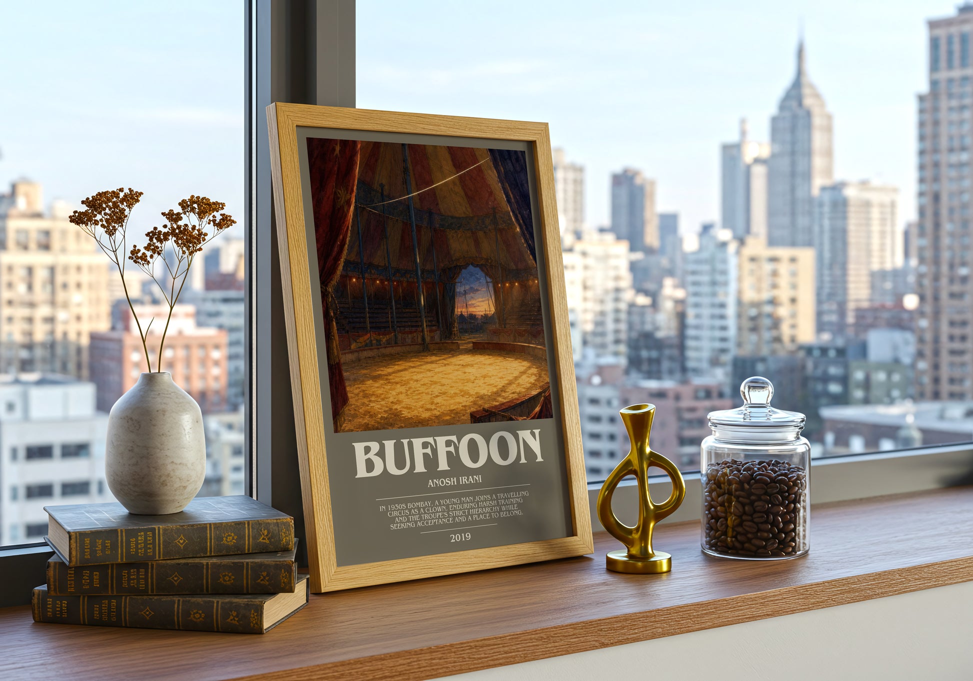 Buffoon bookish print framed by window – literary home decor