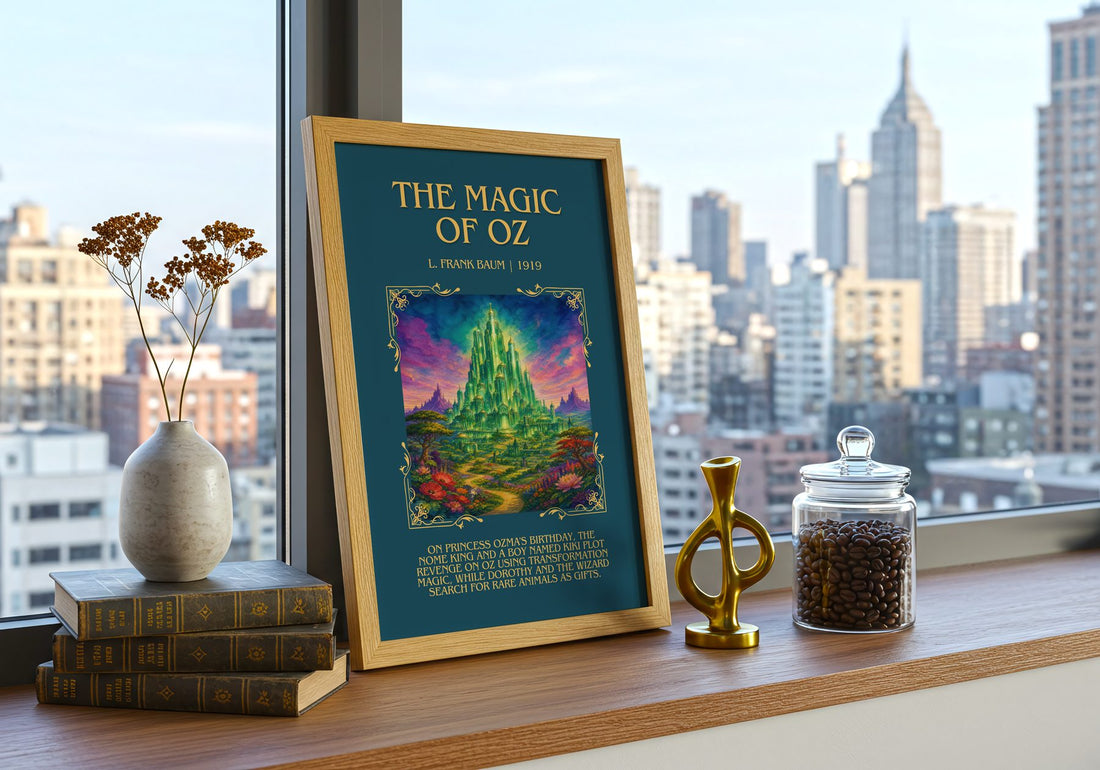 The Magic Of Oz Minimalist Book Poster by L. Frank Baum – framed print on a city-view windowsill