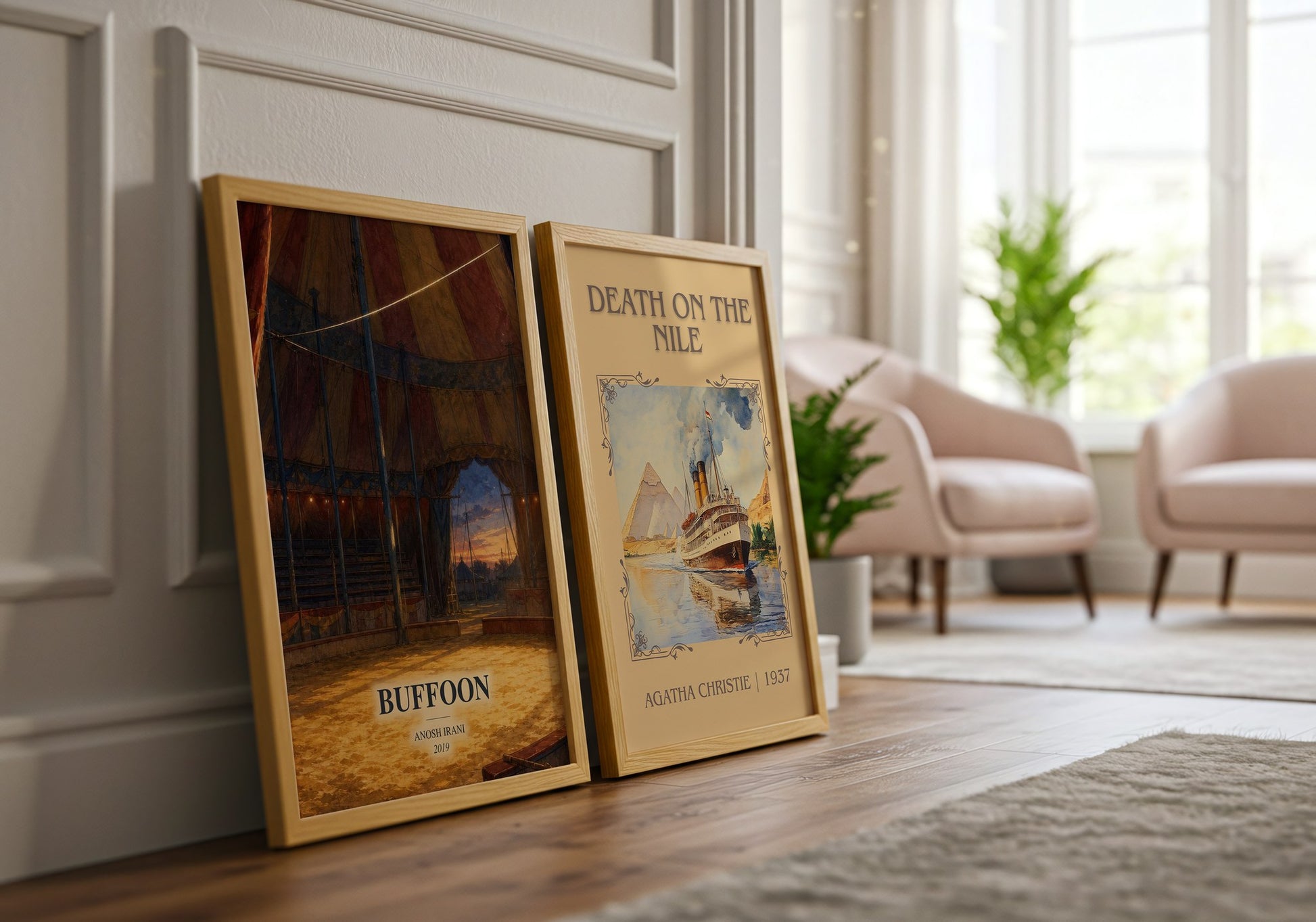 Buffoon watercolour print framed by window – literary home decor