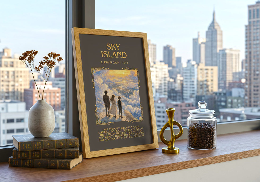 Sky Island Minimalist Book Poster by L. Frank Baum – framed print on a city-view windowsill
