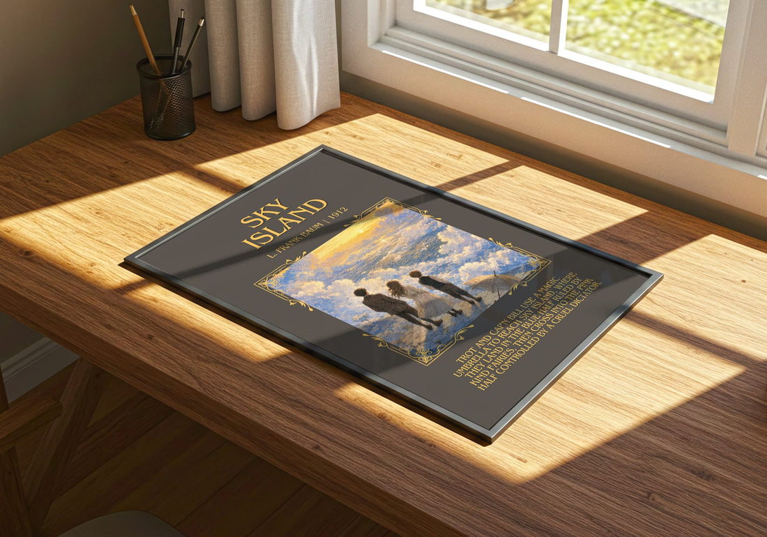 Sky Island Minimalist Book Poster by L. Frank Baum – print on a sunlit desk