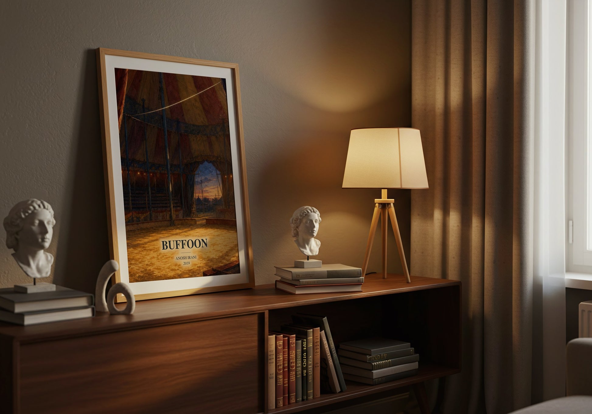Buffoon watercolour print on bookshelf – Anosh Irani fan gift