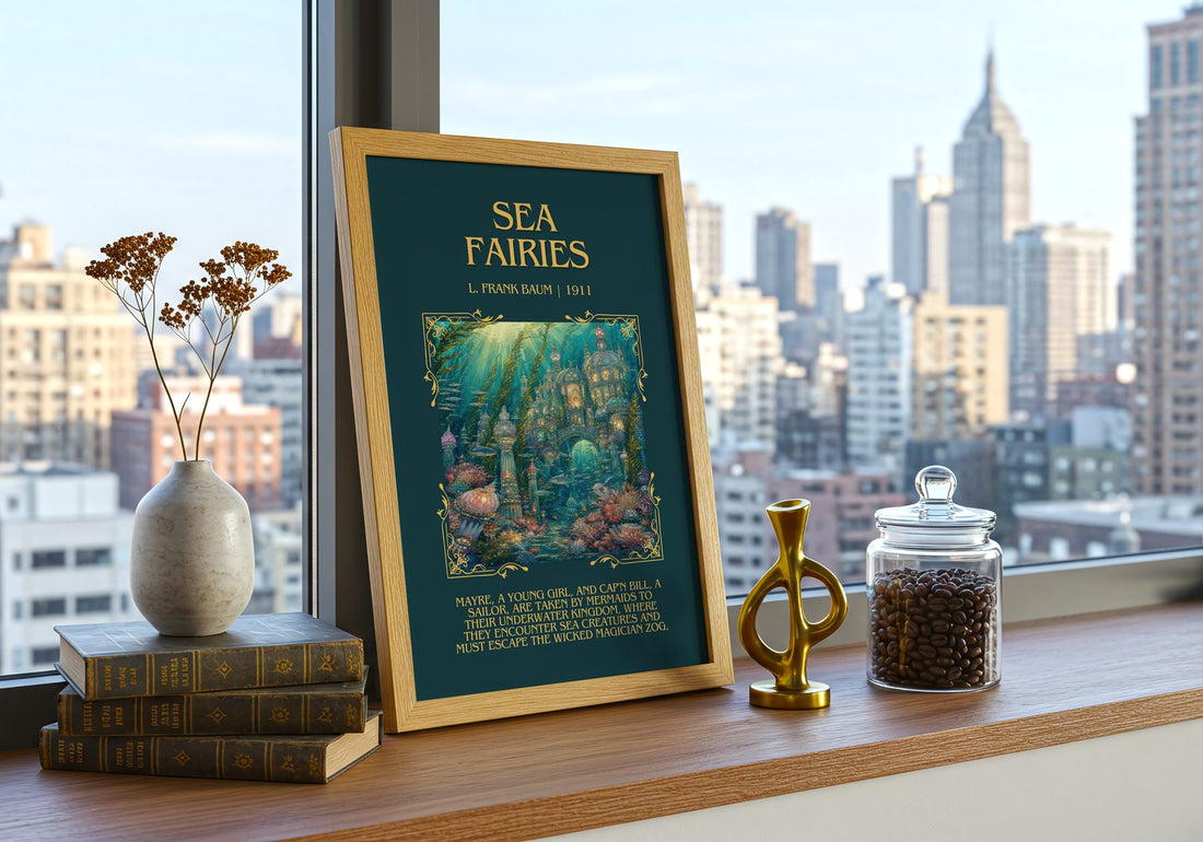 Sea Fairies Minimalist Book Poster by L. Frank Baum – framed print on a city-view windowsill