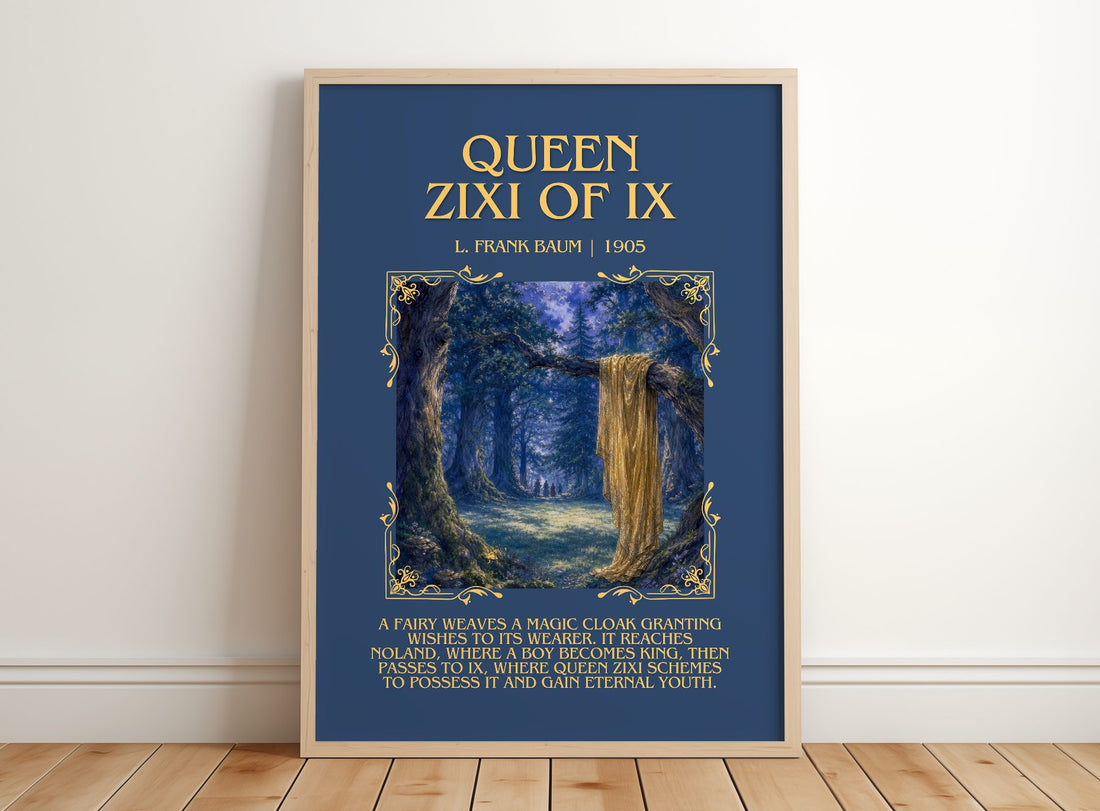 Queen Zixi Of Ix Minimalist Book Poster by L. Frank Baum – framed print leaning on a wooden floor
