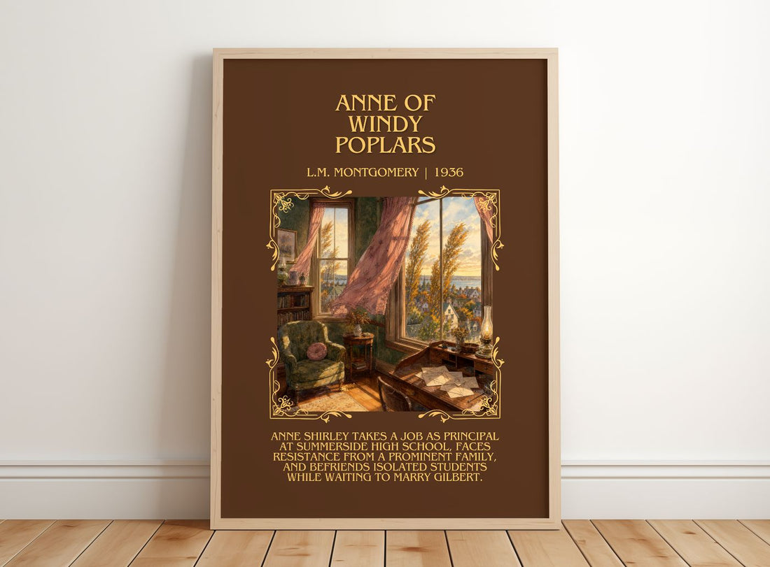 Anne Of Windy Poplars Minimalist Book Poster by L.M. Montgomery – framed print leaning on a wooden floor