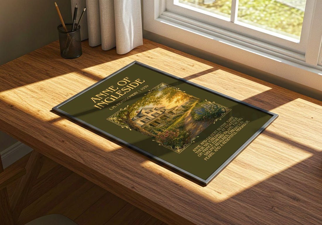 Anne Of Ingleside Minimalist Book Poster by L.M. Montgomery – print on a sunlit desk