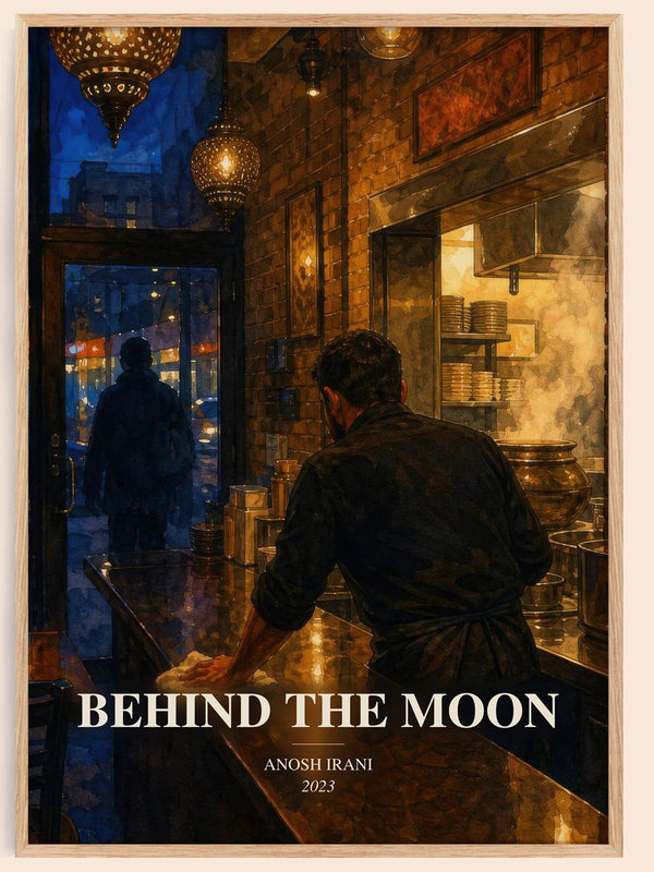 Behind The Moon watercolour book poster by Anosh Irani – framed literary art print