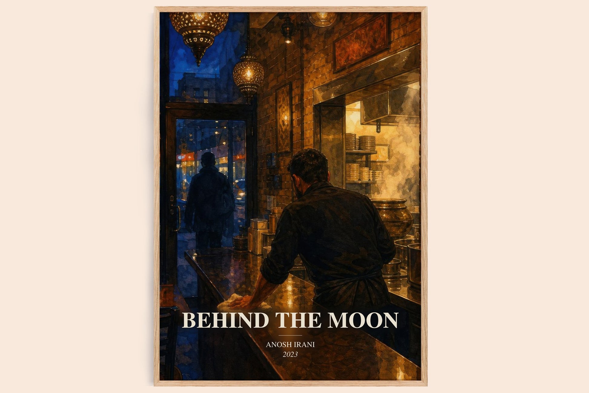 Behind The Moon watercolour book poster by Anosh Irani – framed literary art print