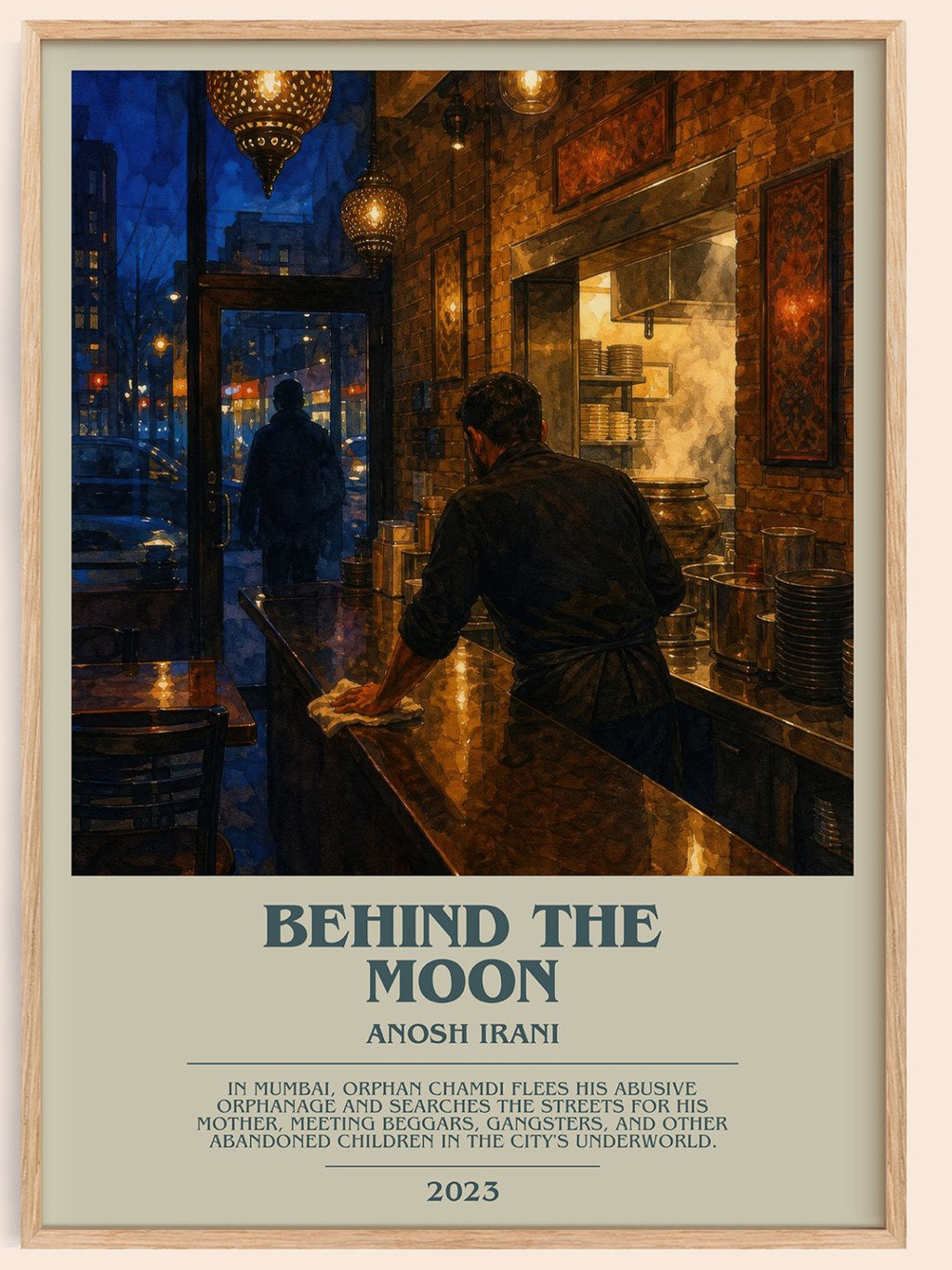 Behind The Moon bookish book poster by Anosh Irani – framed literary art print