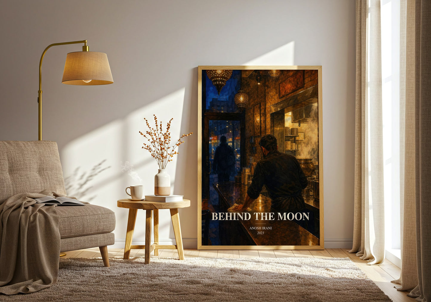 Behind The Moon watercolour print in frame leaning in hallway – contemporary fiction wall art