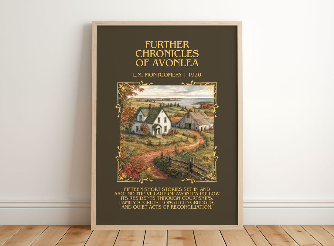 Further Chronicles Of Avonlea Minimalist Book Poster by L. Montgomery – framed print leaning on a wooden floor