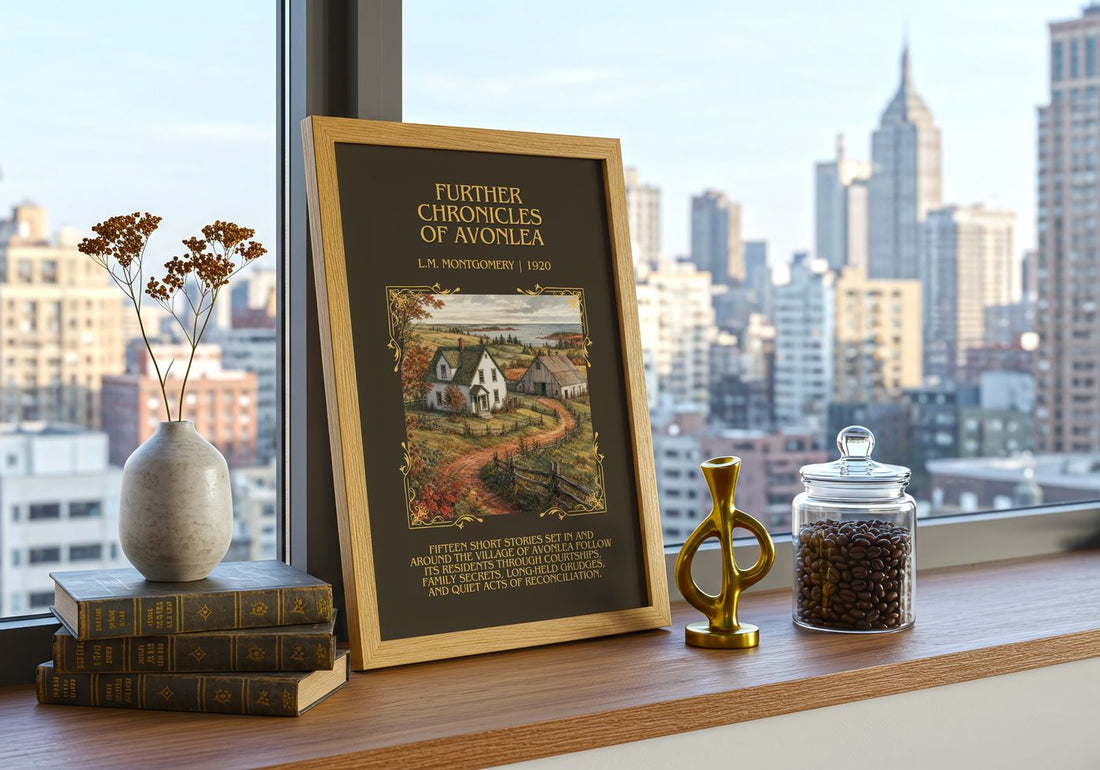 Further Chronicles Of Avonlea Minimalist Book Poster by L. Montgomery – framed print on a city-view windowsill