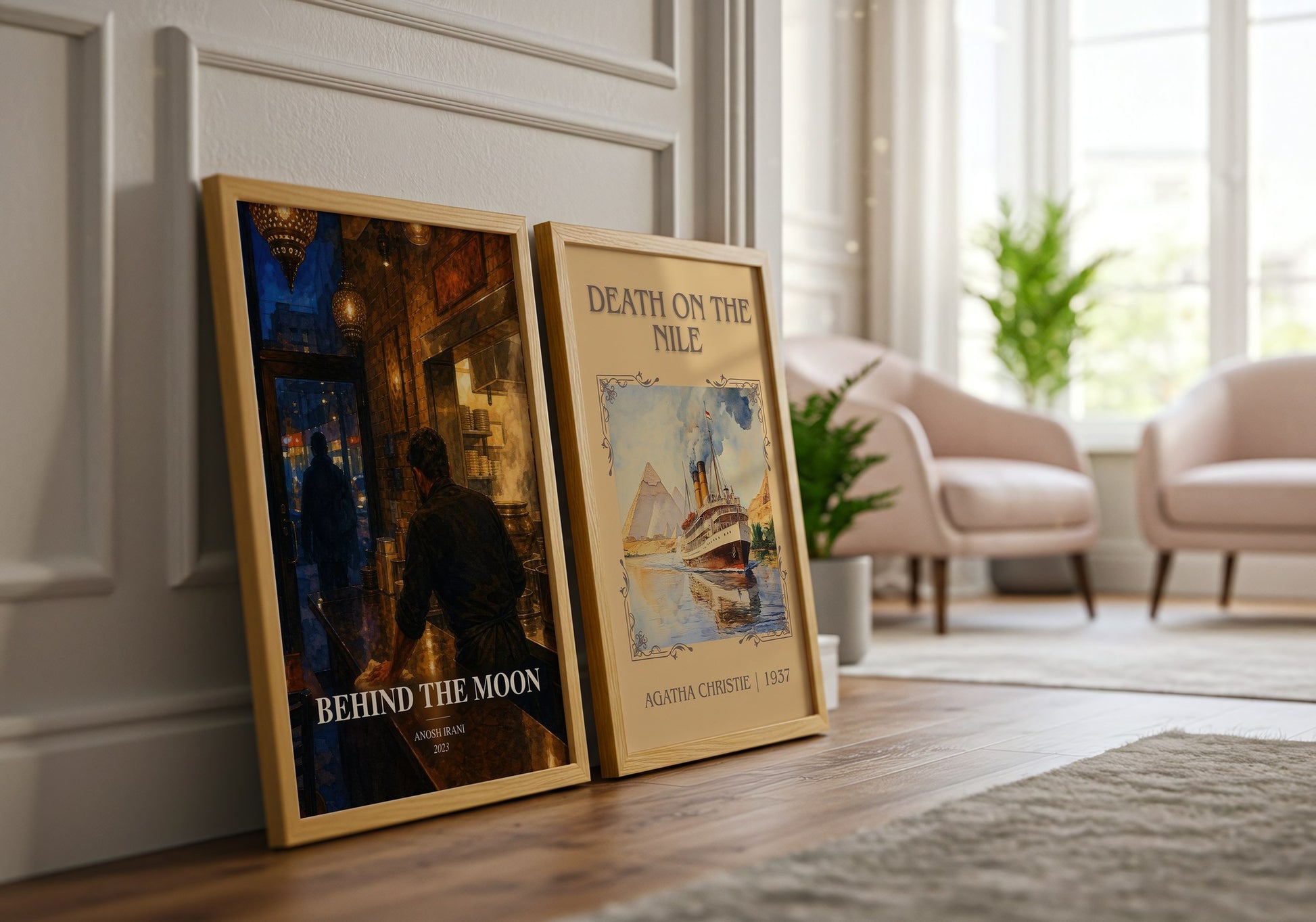 Behind The Moon watercolour print framed by window – literary home decor