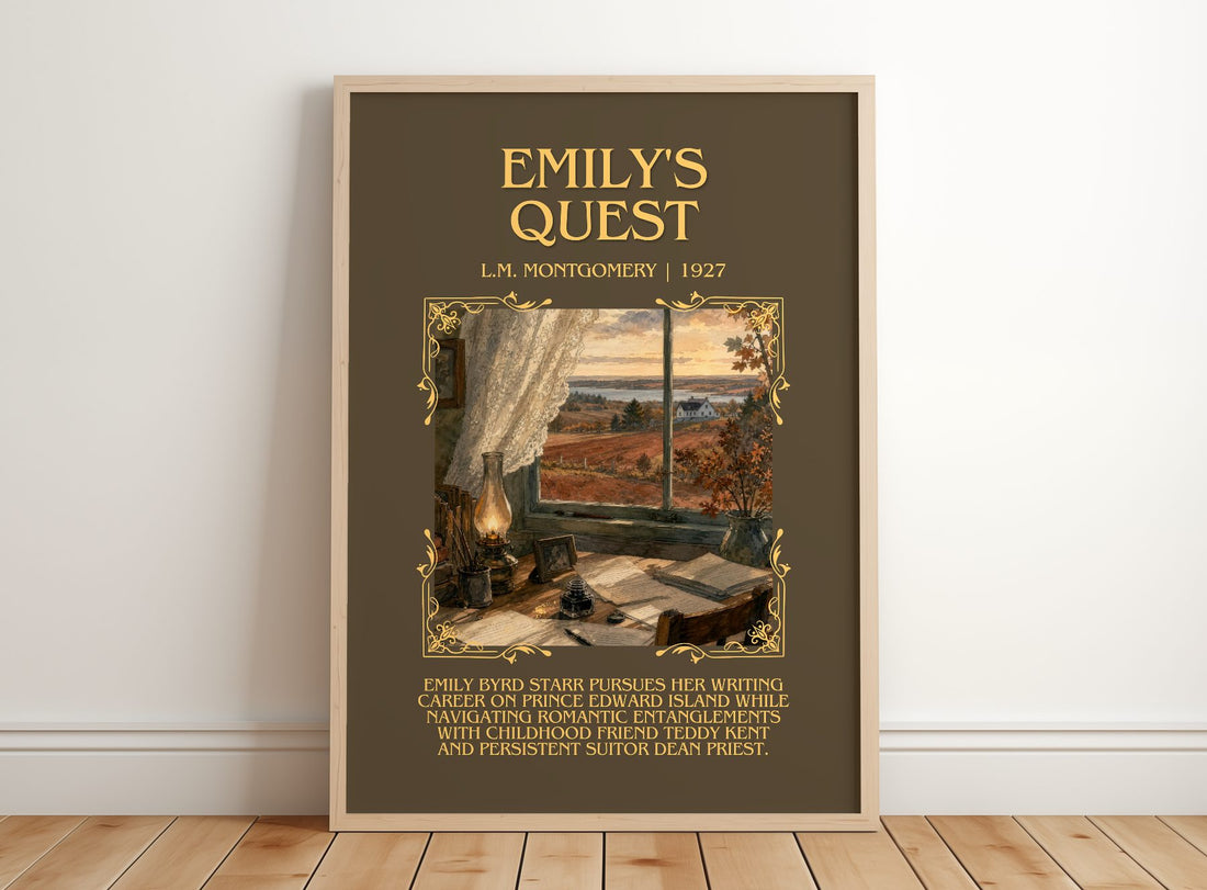 Emily'S Quest Minimalist Book Poster by L.M. Montgomery – framed print leaning on a wooden floor