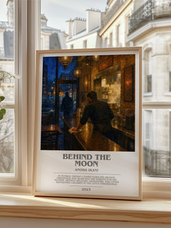 Behind The Moon bookish print in frame leaning in hallway – contemporary fiction wall art